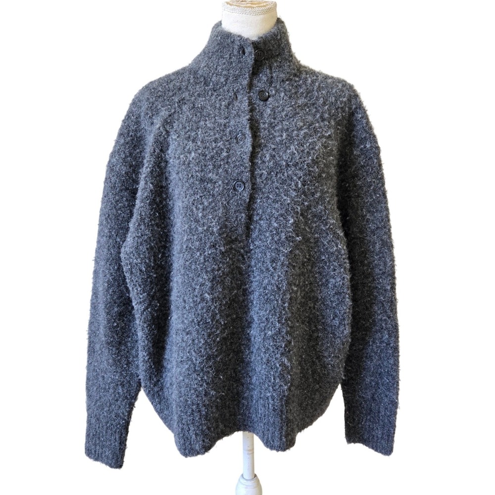 Jenni Kayne Size‎ Large Gray Bouclé Alpaca Blend Button Front Mock Neck Sweater
